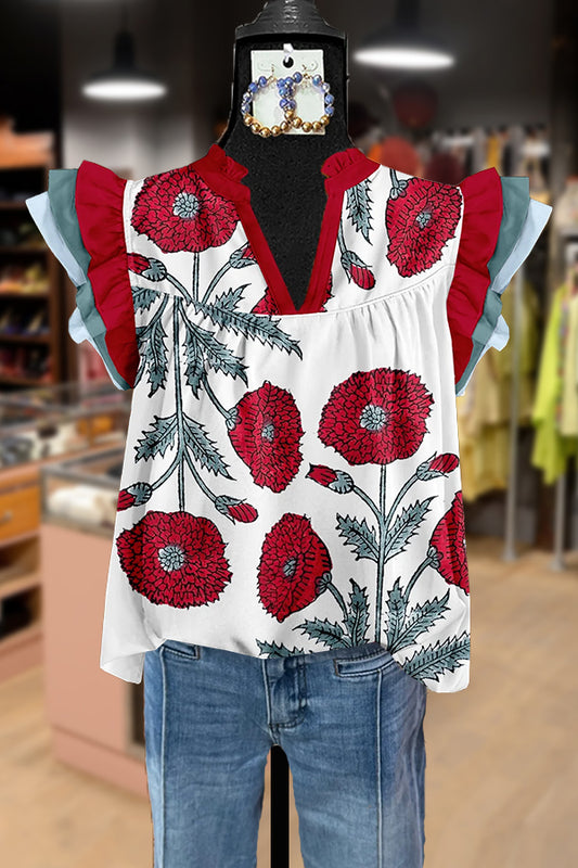 Elegant Floral Print Layered Sleeve Top