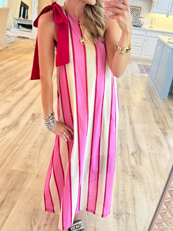 Cream and Pink Stripe Shoulder Tie Maxi Dress