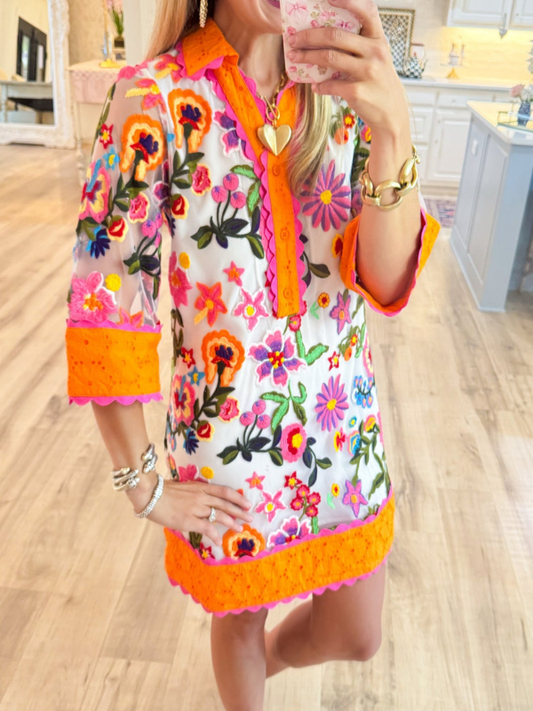 Orange Floral Embroidered Shift Dress