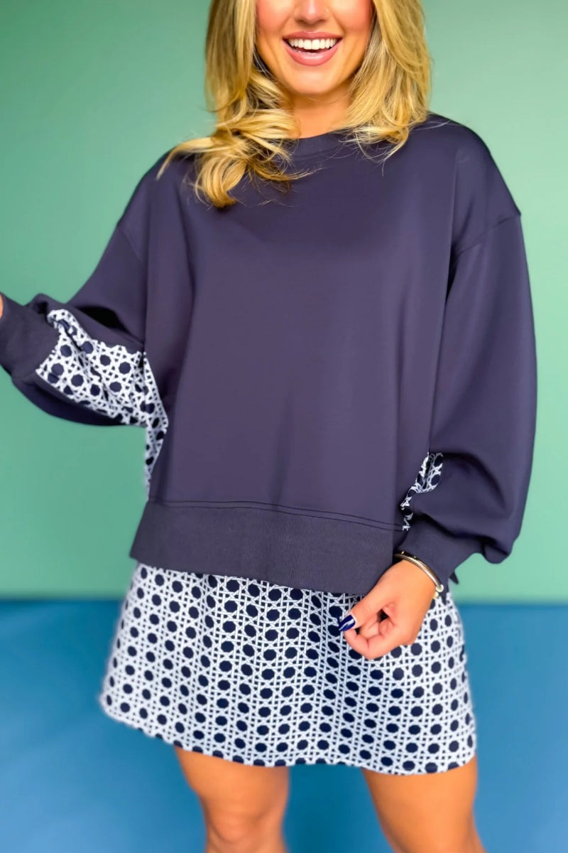 Crew Neck Printed Panel Scuba Set In Navy Cane