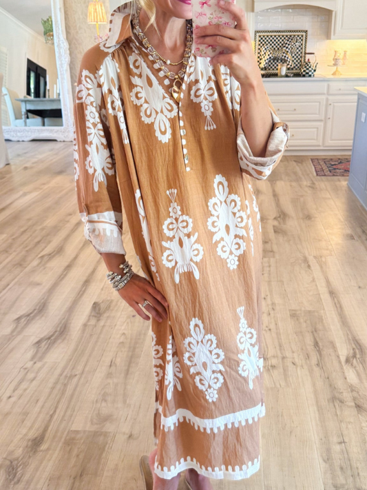 Mocha Abstract Print Midi Dress
