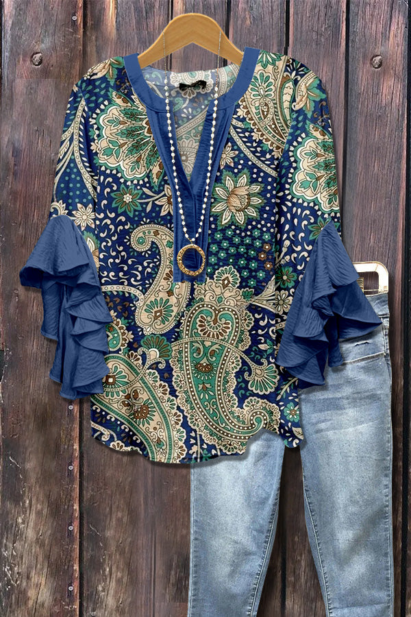 Paisley Print Ruffle Sleeve Top