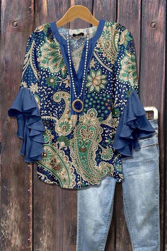 Paisley Print Ruffle Sleeve Top