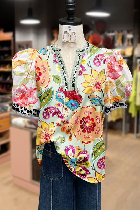Mixed Floral Print Puff Sleeve Top