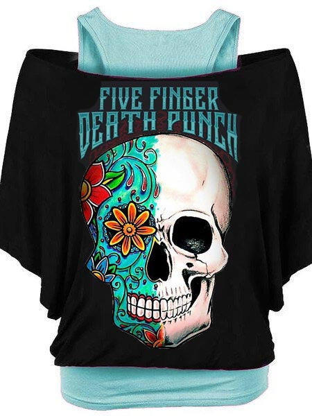 Ladies famous band print bat sleeve T-shirt