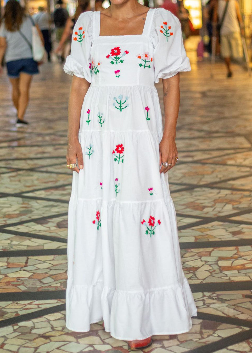 Floral Embroidery Square Neck Puff Sleeve Long Dress