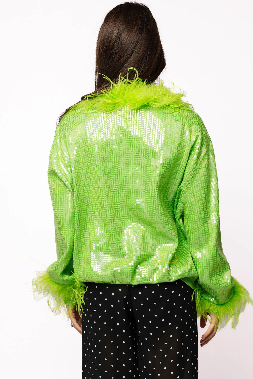 Green sequined feather trim Grinch heart-shaped sweatshirt