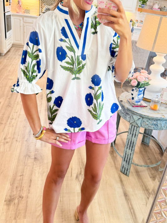 Off White and Blue Mix Floral Contrast Binding Top