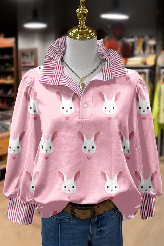 Easter Bunny Print Stried Long Sleeve Top