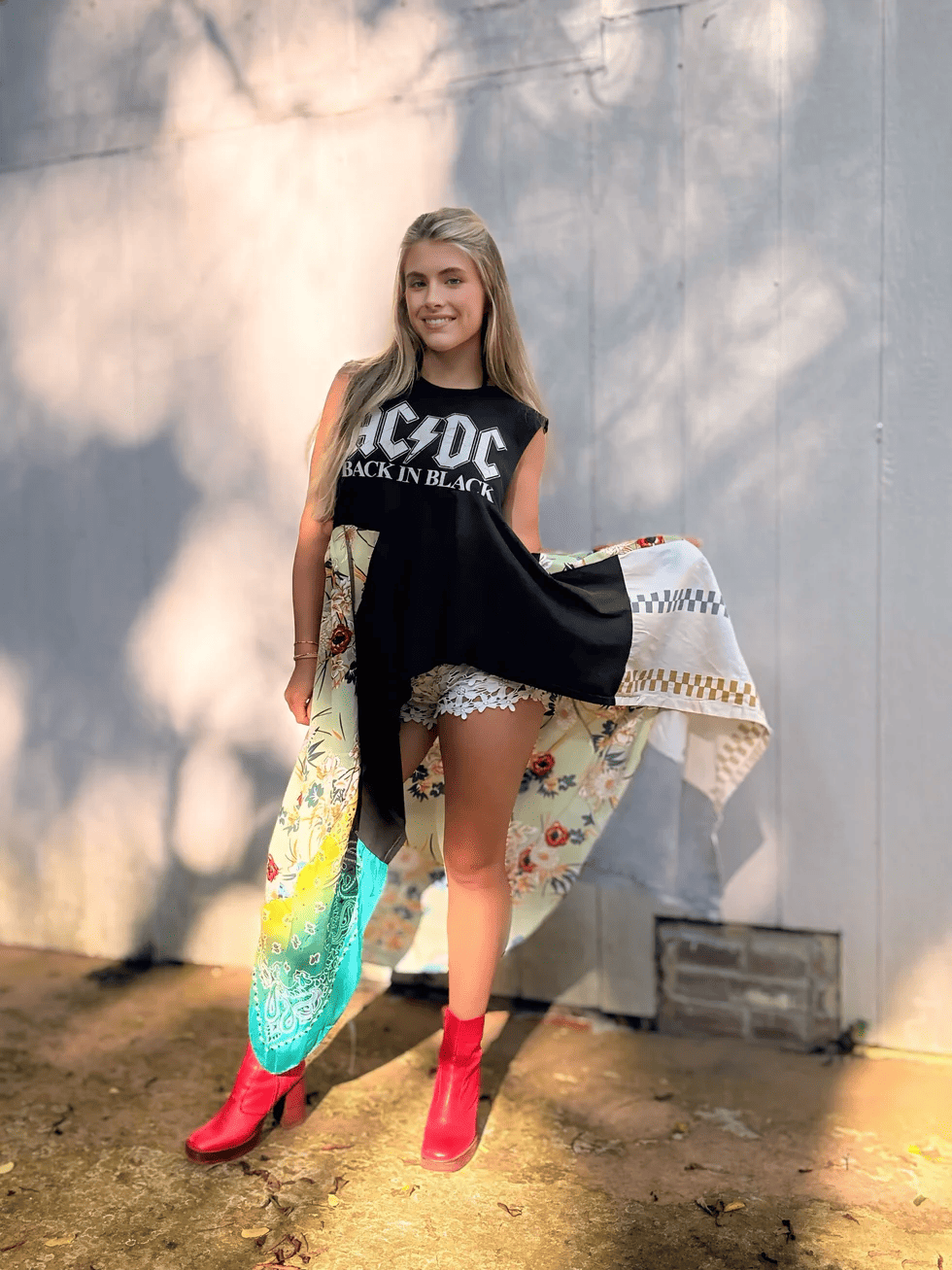 AC/DC patchwork high-low waist dress