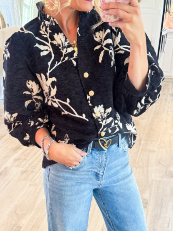 Black Button Down Floral Top