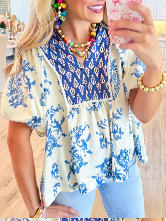 Blue Printed Boho Puff Sleeve Top