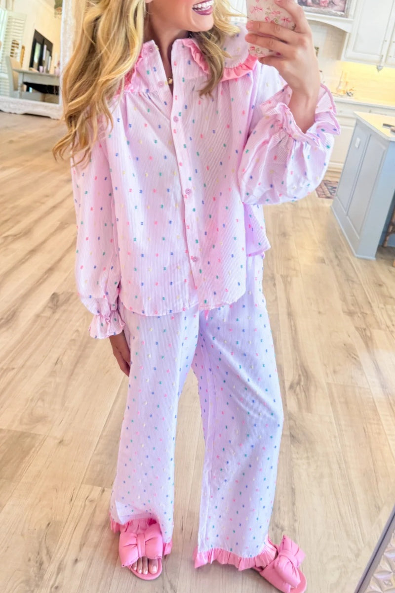 Pink Swiss Dot Striped Pajama Set