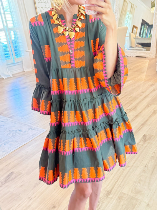 Dark Olive Jacquard Tiered Dress