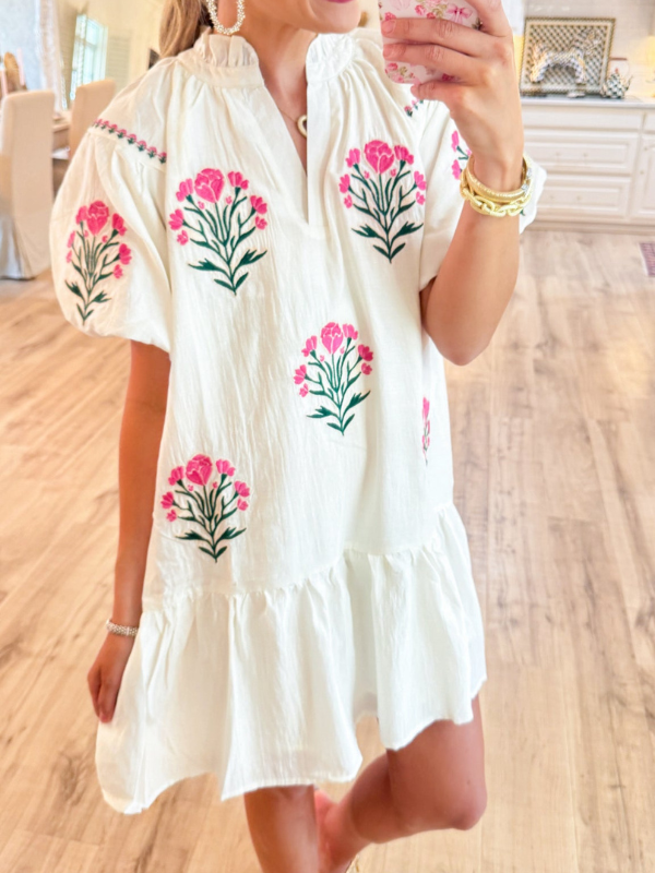 Cream Floral Bubble Sleeve Dress