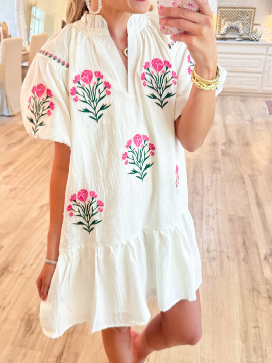 Cream Floral Bubble Sleeve Dress