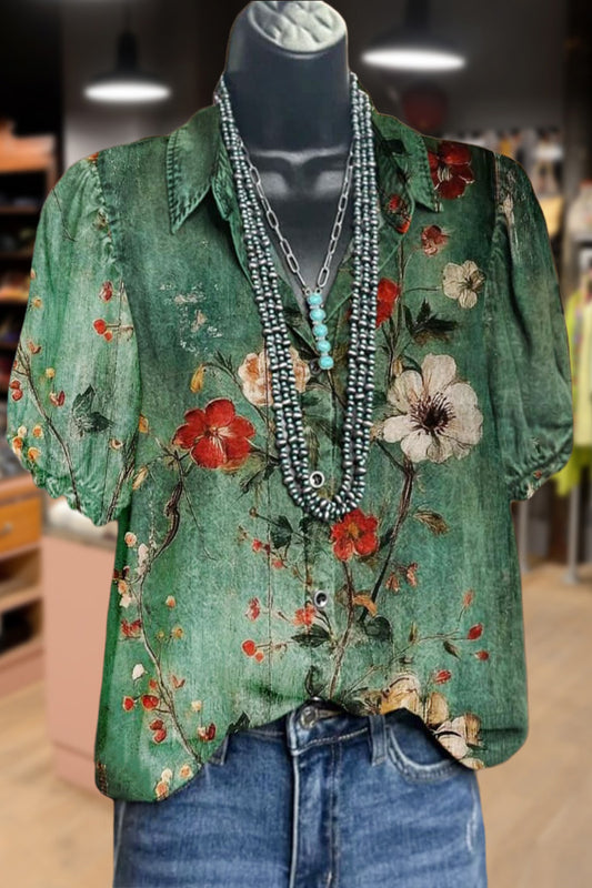 Retro Floral Print Puff Sleeve Top