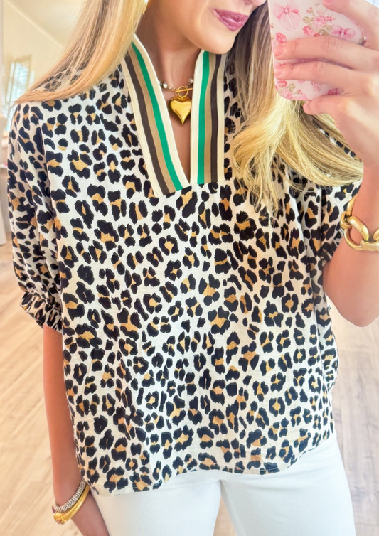 Camel Leopard Collard Blouse