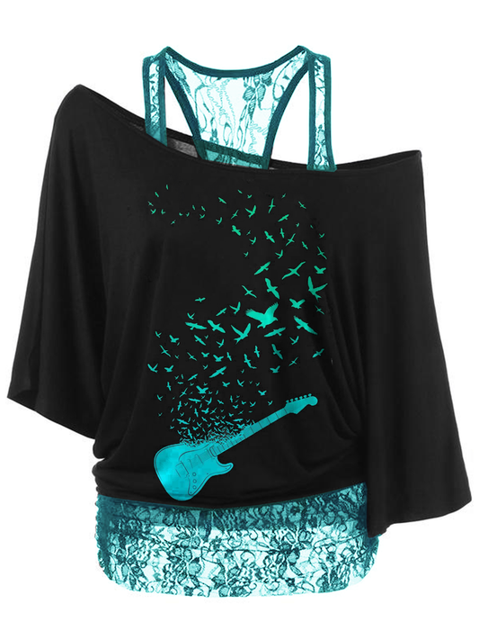 Punk print lace stitching loose short-sleeved T-shirt