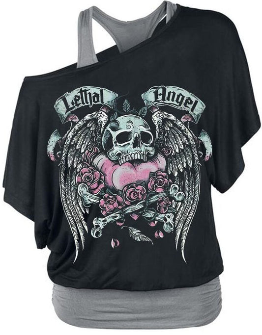 Punk Loose fake two pieces of wild casual gothic tops t-shirt