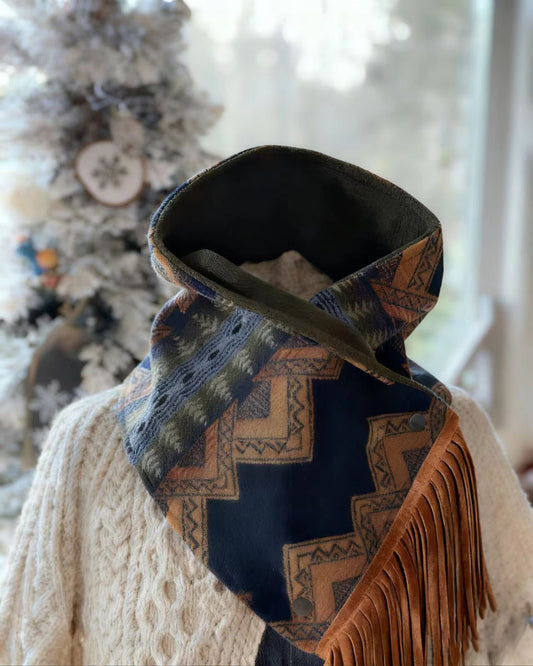 Women's Western Fringe Scarf - Blue/Yellow Aztec