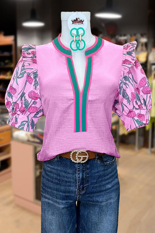 Contrast V-Neck Floral Puff Sleeve Top