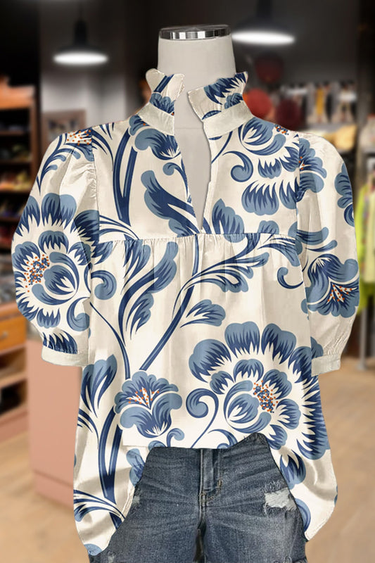 Retro Floral Print Ruffle Neck Top
