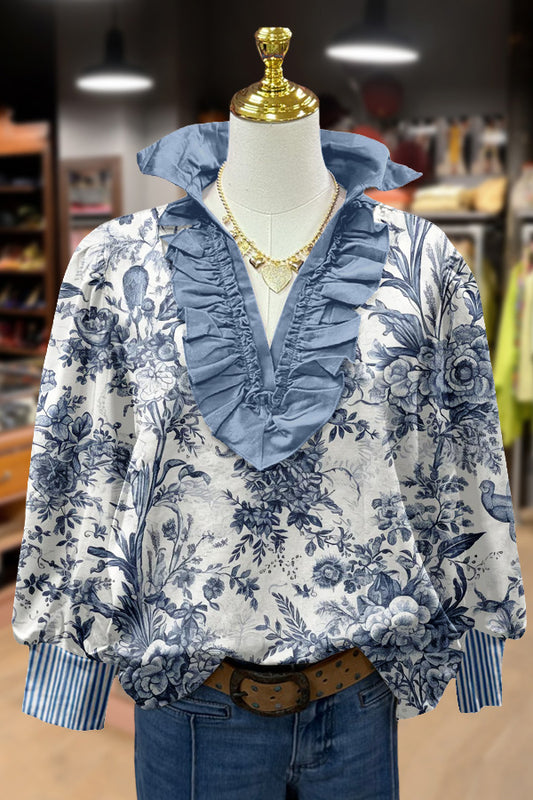 Vintage Toile Print Ruffle Neck Top
