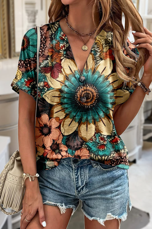 Multi Floral Print V-Neck T-Shirt