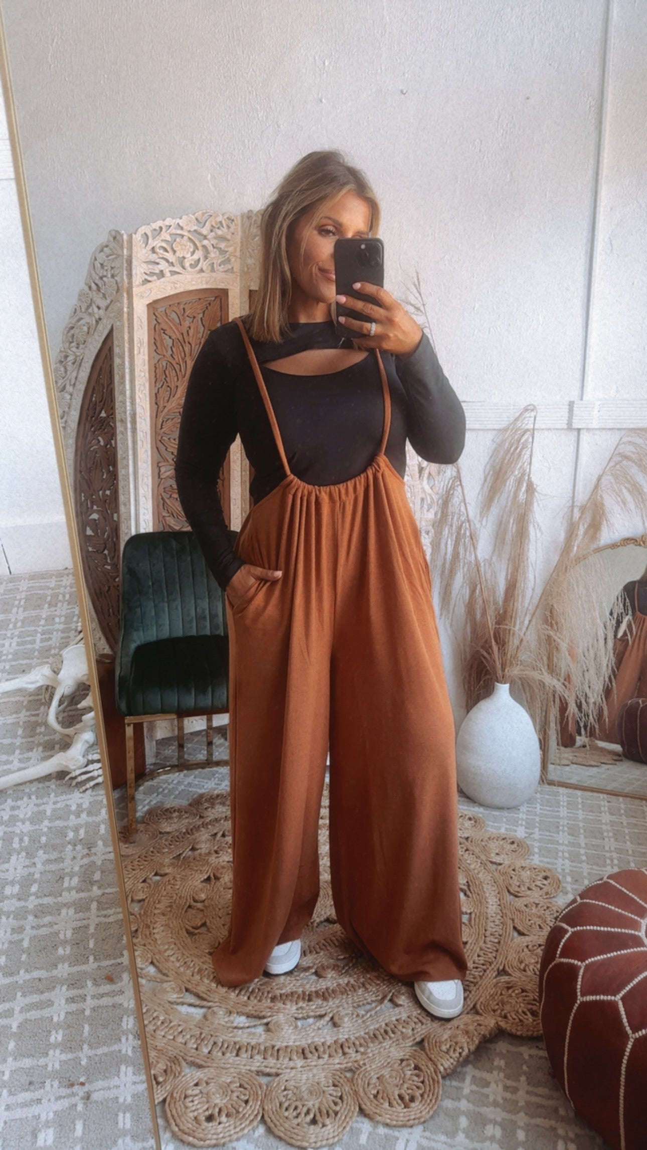 Head Over Heels Suspender Jumpsuit, Camel