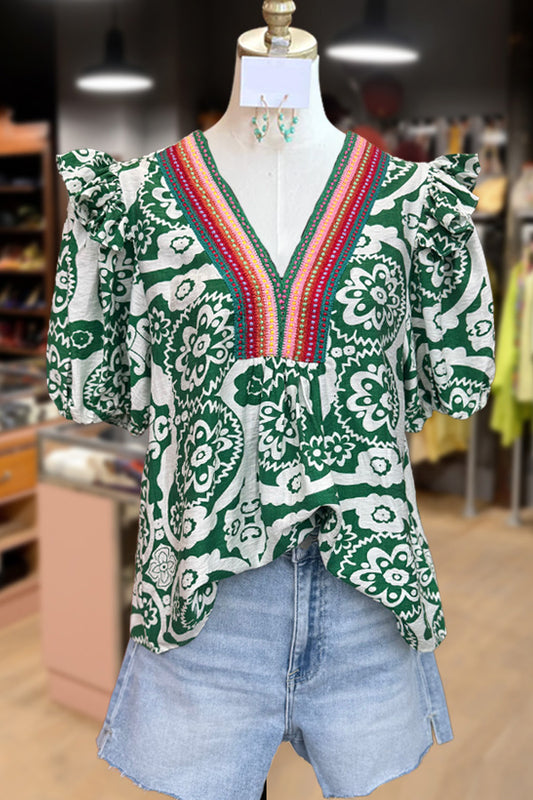 Vintage Floral Print Crochet Neck Ruffle Sleeve Top
