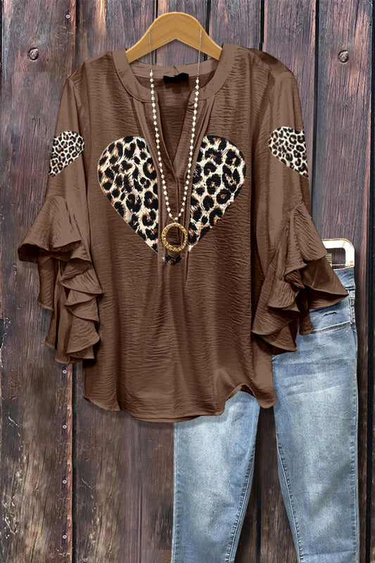 Leopard Heart Print Ruffle Sleeve Top