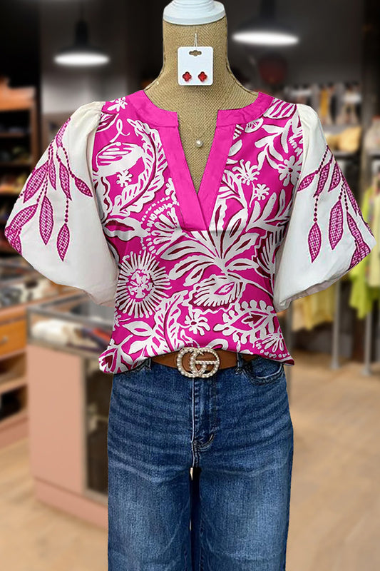 Chic Botanical Print Puff Sleeve Top