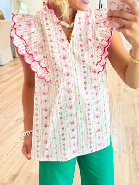 Ivory and Pink Floral Printed Ruffle Sleeve Top