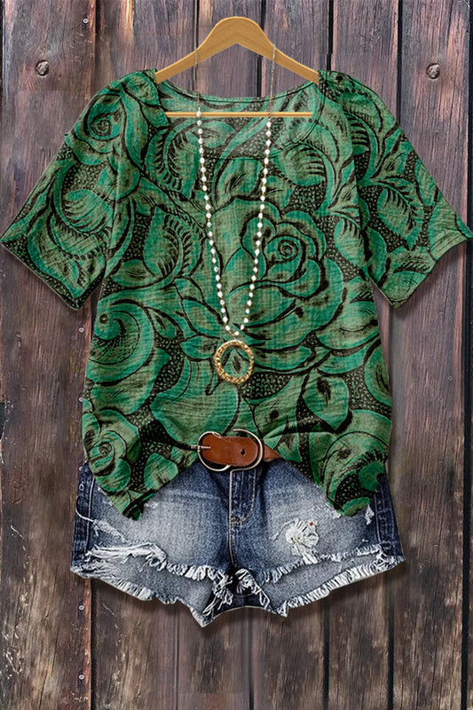 Art Floral Print Short Sleeve Top