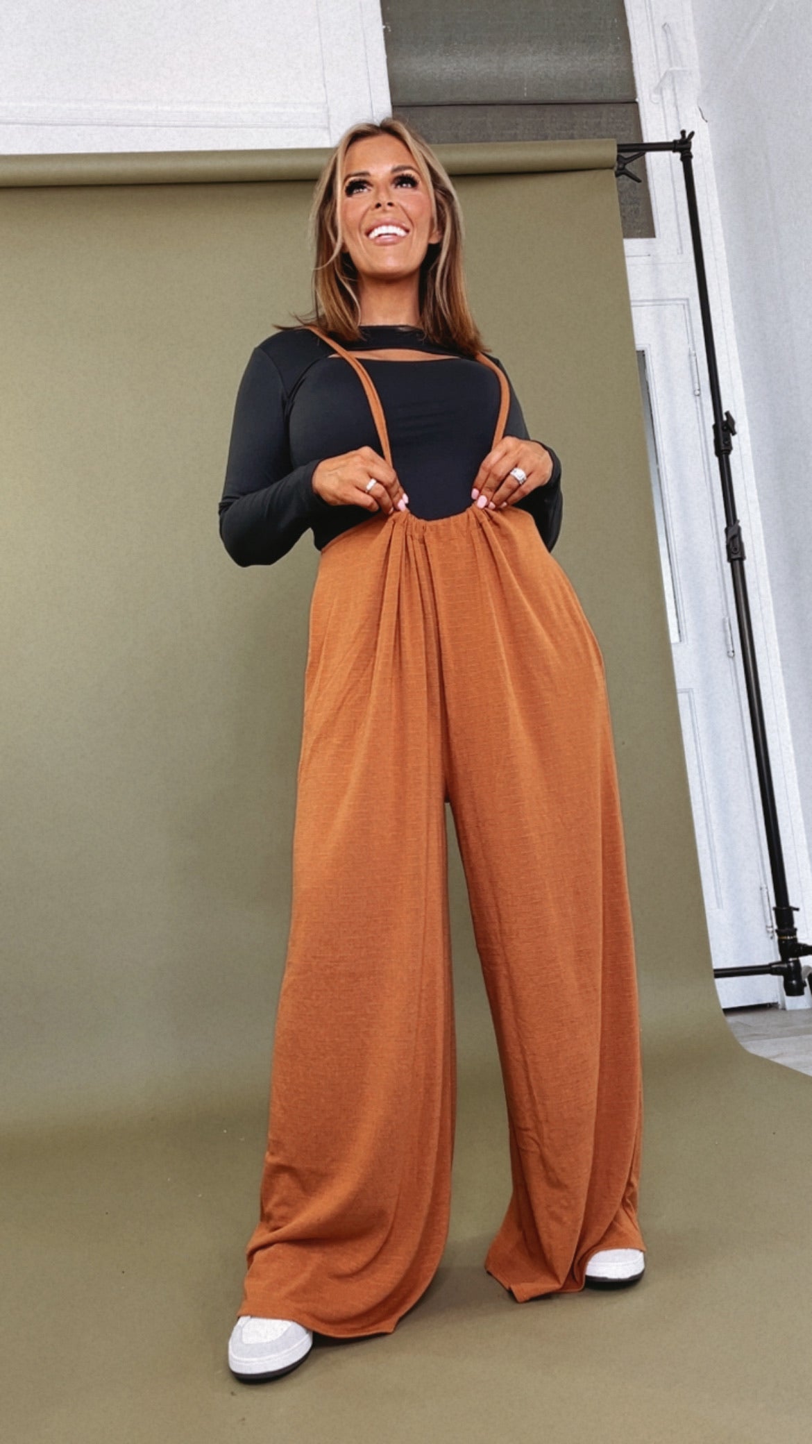 Head Over Heels Suspender Jumpsuit, Camel