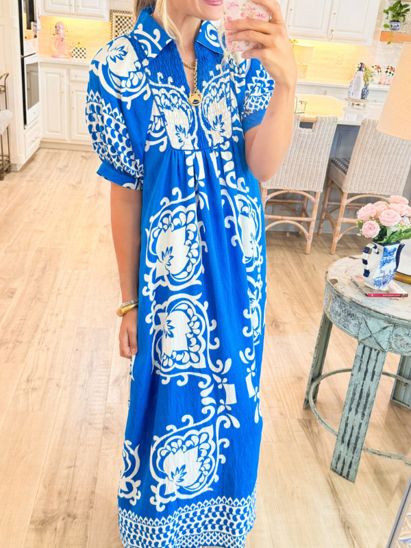 Mixed Print Puff Sleeve Midi Dress