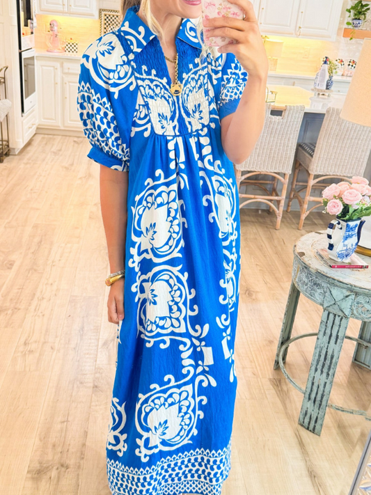 Mixed Print Puff Sleeve Midi Dress