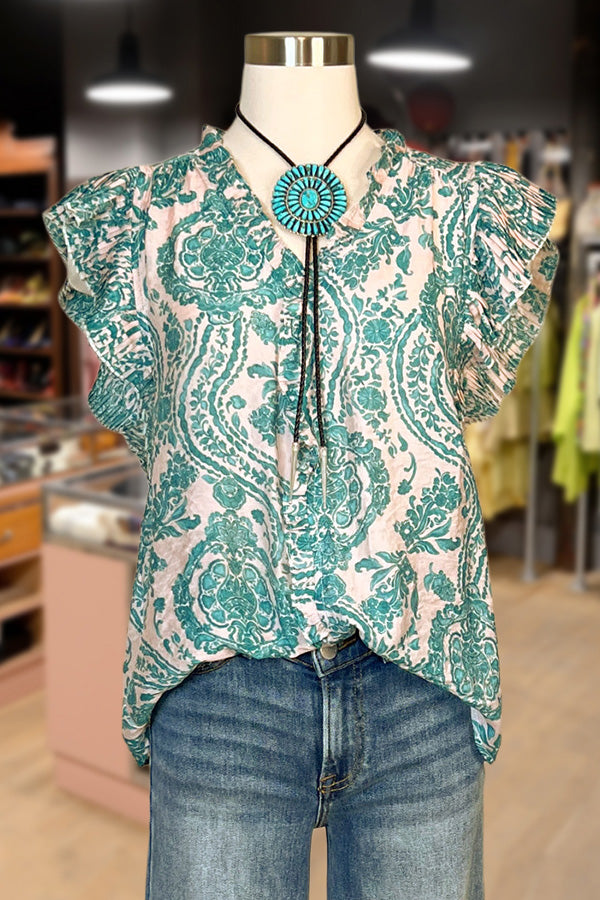 Paisley Print V-Neck Ruffle Sleeve Top