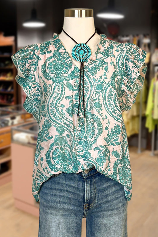 Paisley Print V-Neck Ruffle Sleeve Top