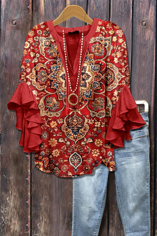 Vintage Ethinc Print Ruffle Sleeve Top