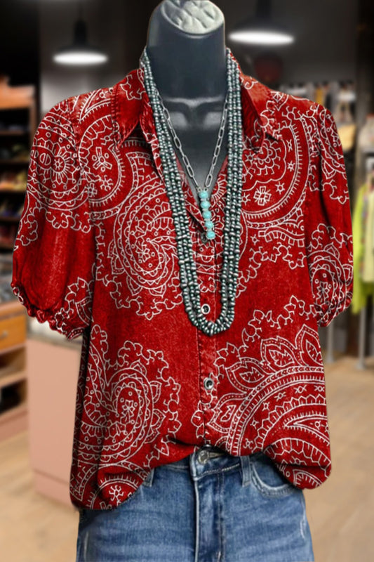 Vintage Print Collared Puff Sleeve Top