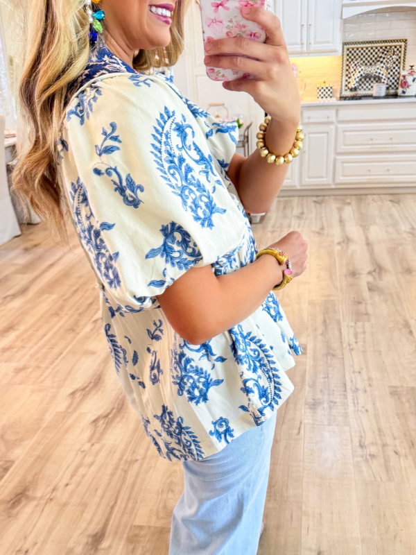 Blue Printed Boho Puff Sleeve Top