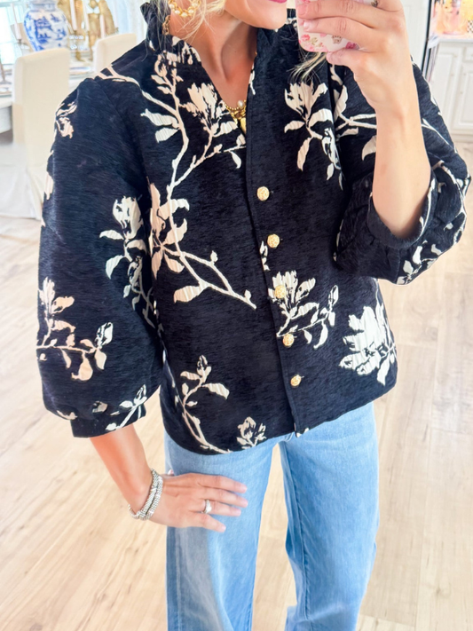 Black Button Down Floral Top
