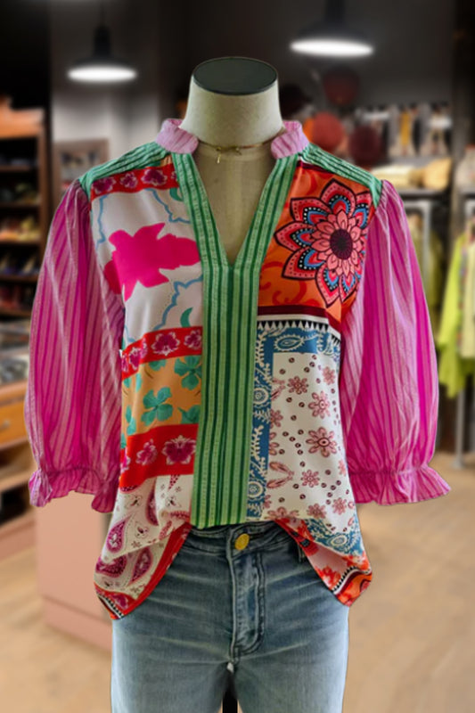 Mixed Print V-Neck Bubble Sleeve Top