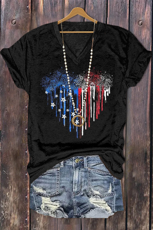 American Flag Heart Print V-Neck T-Shirt