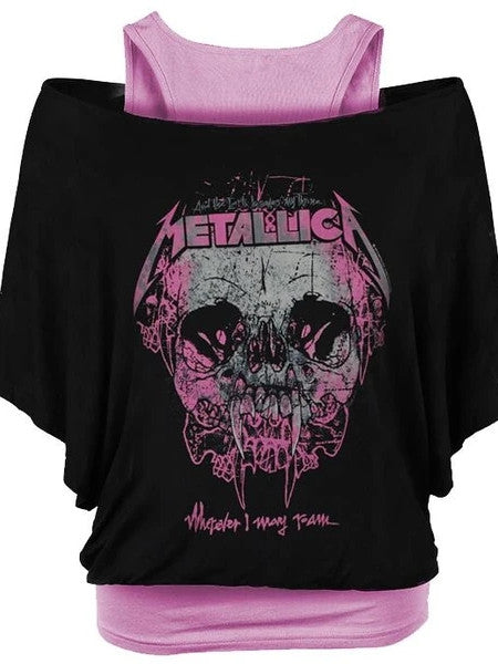 Ladies famous band print bat sleeve T-shirt