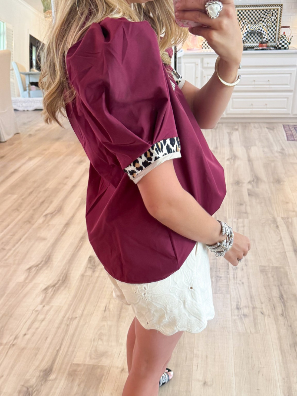 Leopard Contrast Puff Sleeve Top