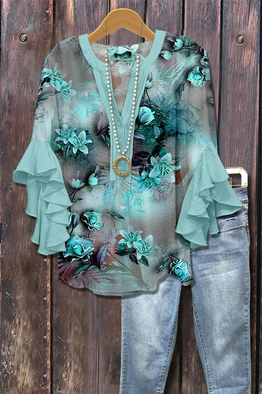 Chic Floral Print Ruffle Sleeve Top
