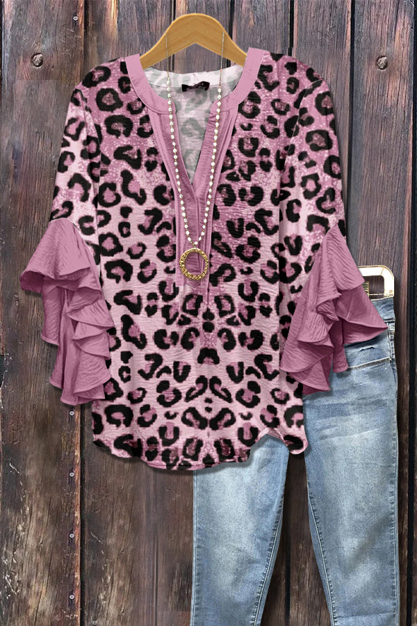 Chic Leopard Print Ruffle Sleeve Top
